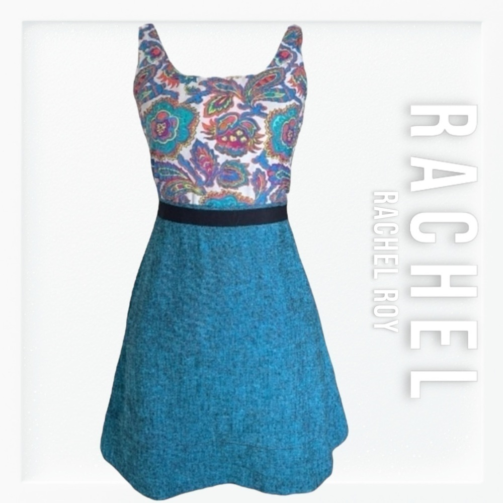 Rachel Roy Paisley Print Tie Back Cutout Linen Fit and Flare Dress sz 4